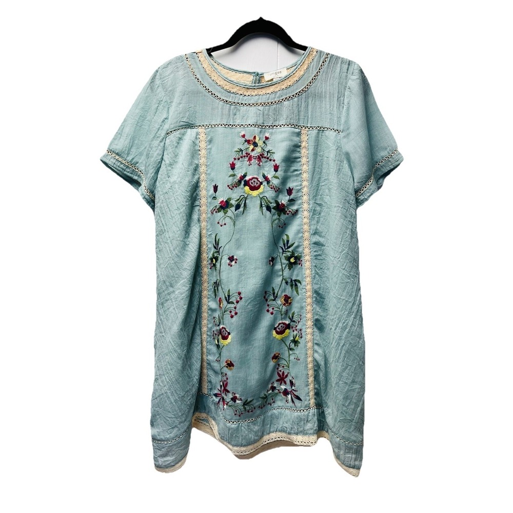 Umgee L Blue Floral Embroidered Dress Cottagecore Boho Fairy Gauzy Prairie Y2K